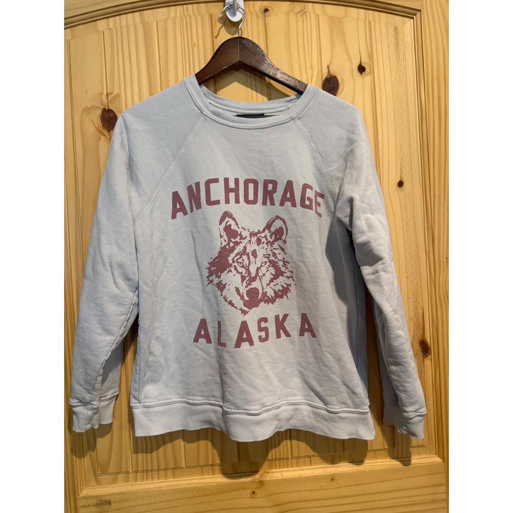 Retrobrand Anchorage Alaska Wolf Graphic Sweatshirt Light Blue Cotton Small